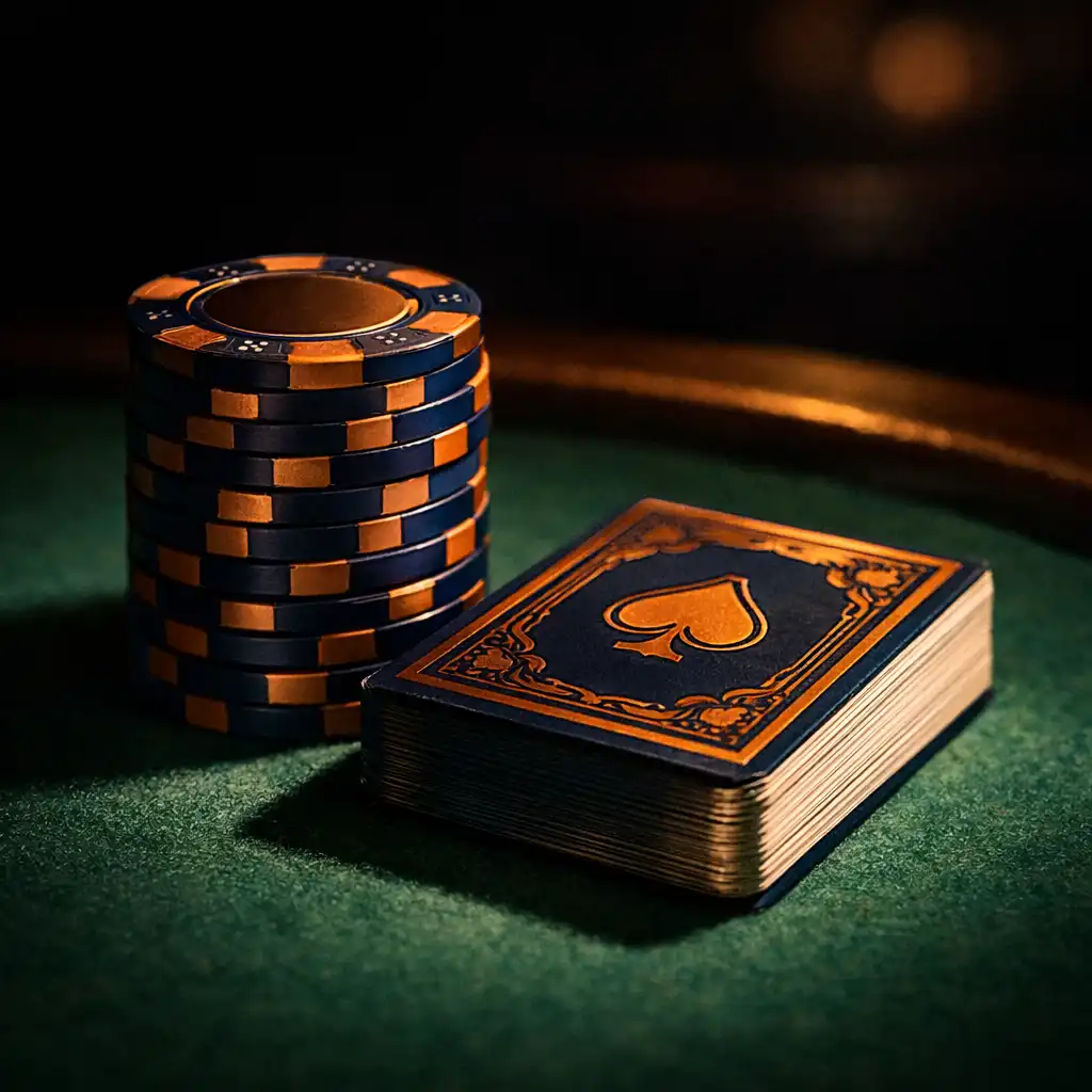 Close-up of professional poker chips and a deck of cards on a private card room table with dramatic warm lighting