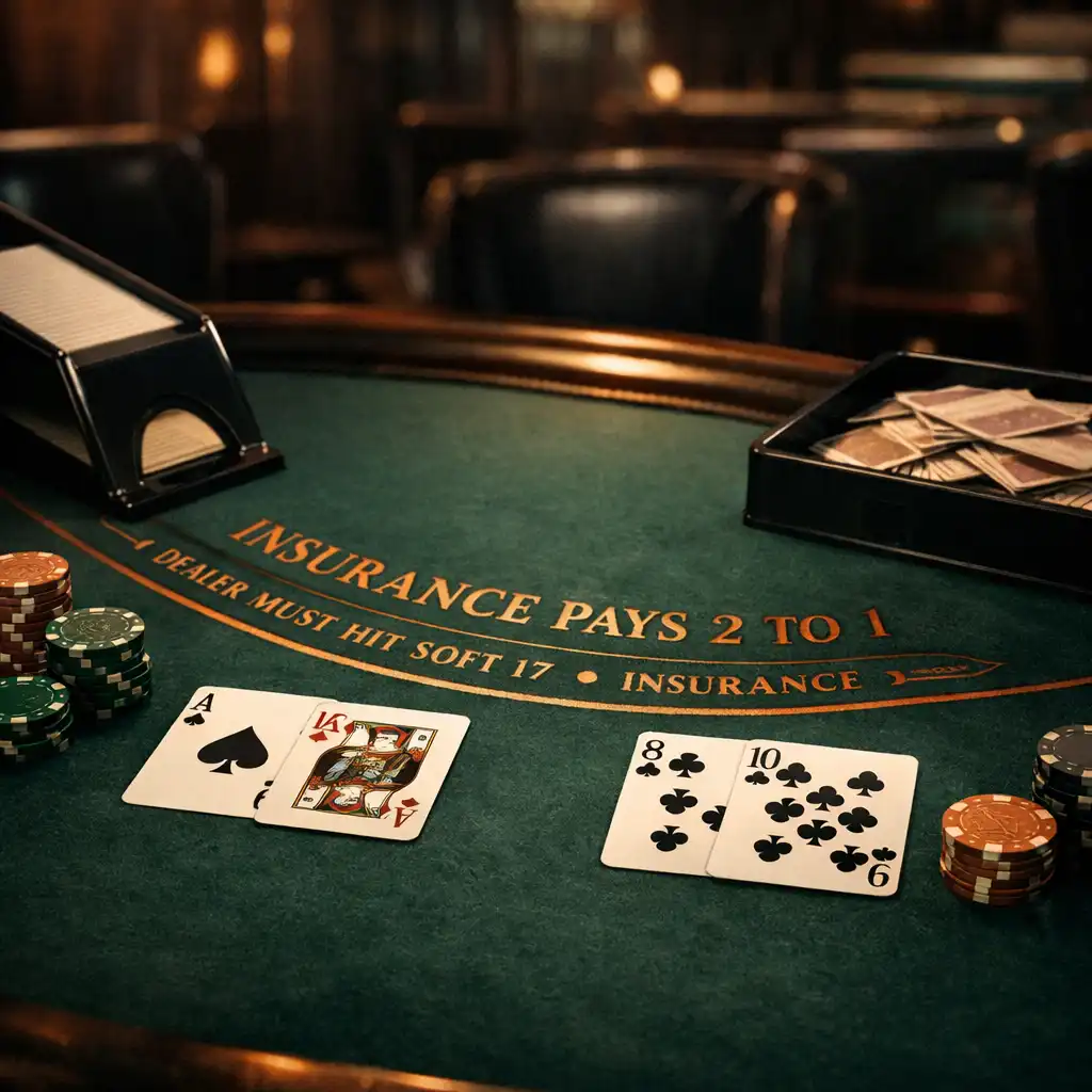Blackjack table with cards, chips, and a card shoe in the casino lounge