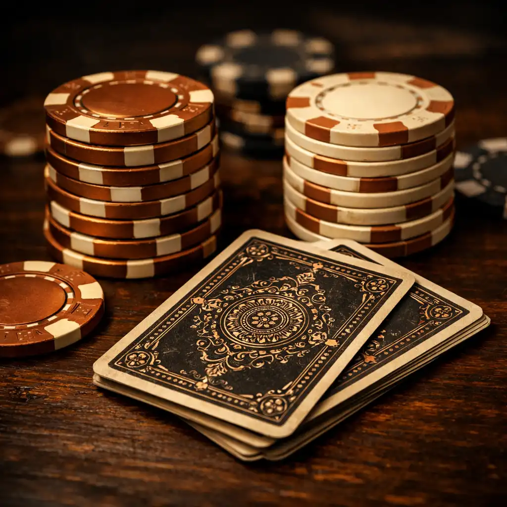Close-up of poker chips and playing cards on a dark wooden table