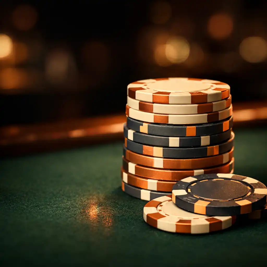 Professional poker chips stacked on a dark green felt poker table with warm copper reflections.