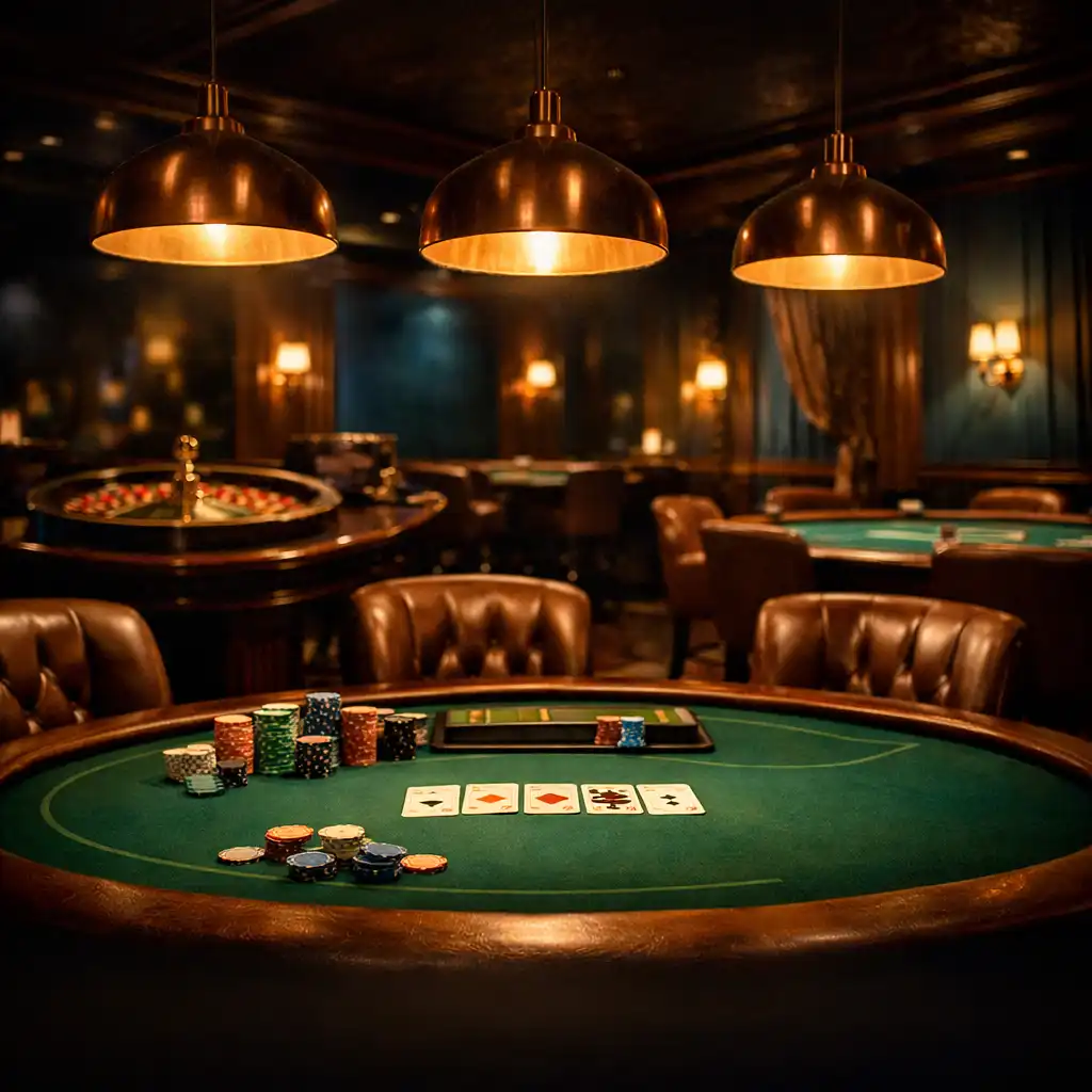 Cinematic view of the ADSIGHT LTD Casino Lounge with professional poker tables, copper pendant lights, and dark timber paneling