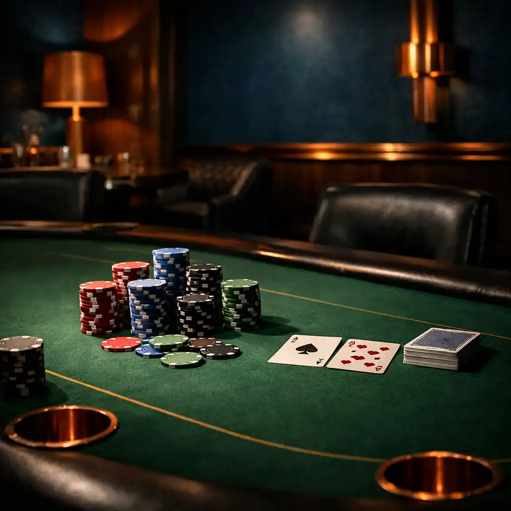 Professional poker table with stacks of clay chips and a deck of cards under focused lighting