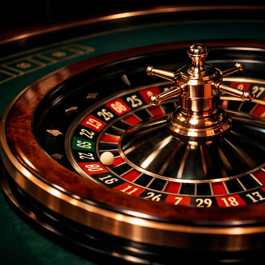 Close-up of a spinning roulette wheel with a spotlight and deep shadows