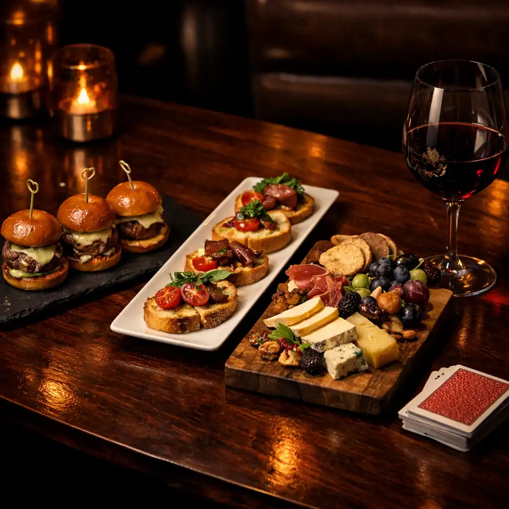 Elegant spread of small plates on a dark wood table with a glass of red wine and playing cards nearby
