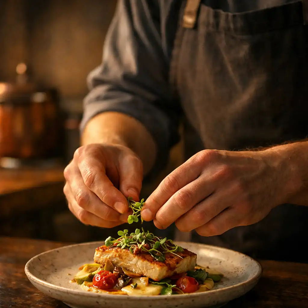 Chef's hands carefully plating a dish with microgreens in a warm professional kitchen.