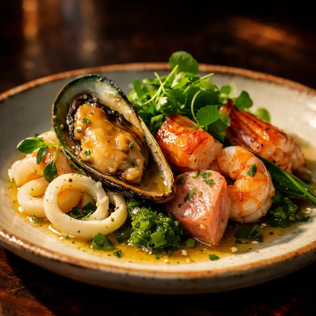 Close-up of a signature seafood dish with fresh herbs and delicate sauce
