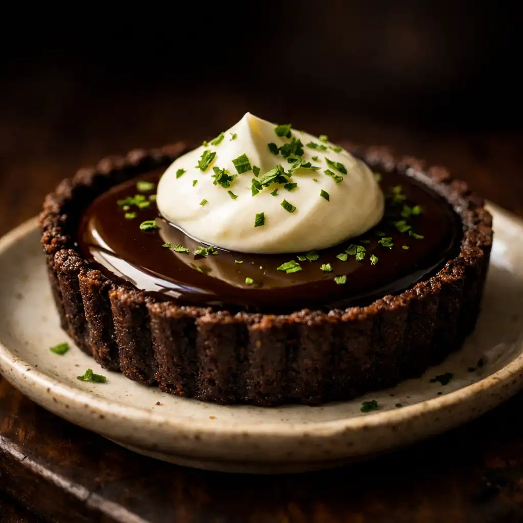 Dark chocolate and kawakawa tart with crème fraîche