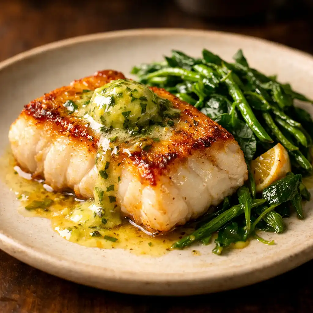 Seared hapuka with kawakawa butter and coastal greens