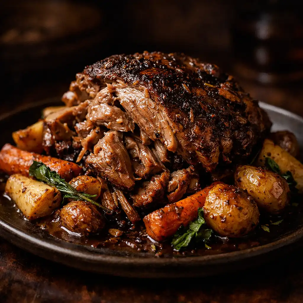 Slow-cooked lamb shoulder with horopito and root vegetables