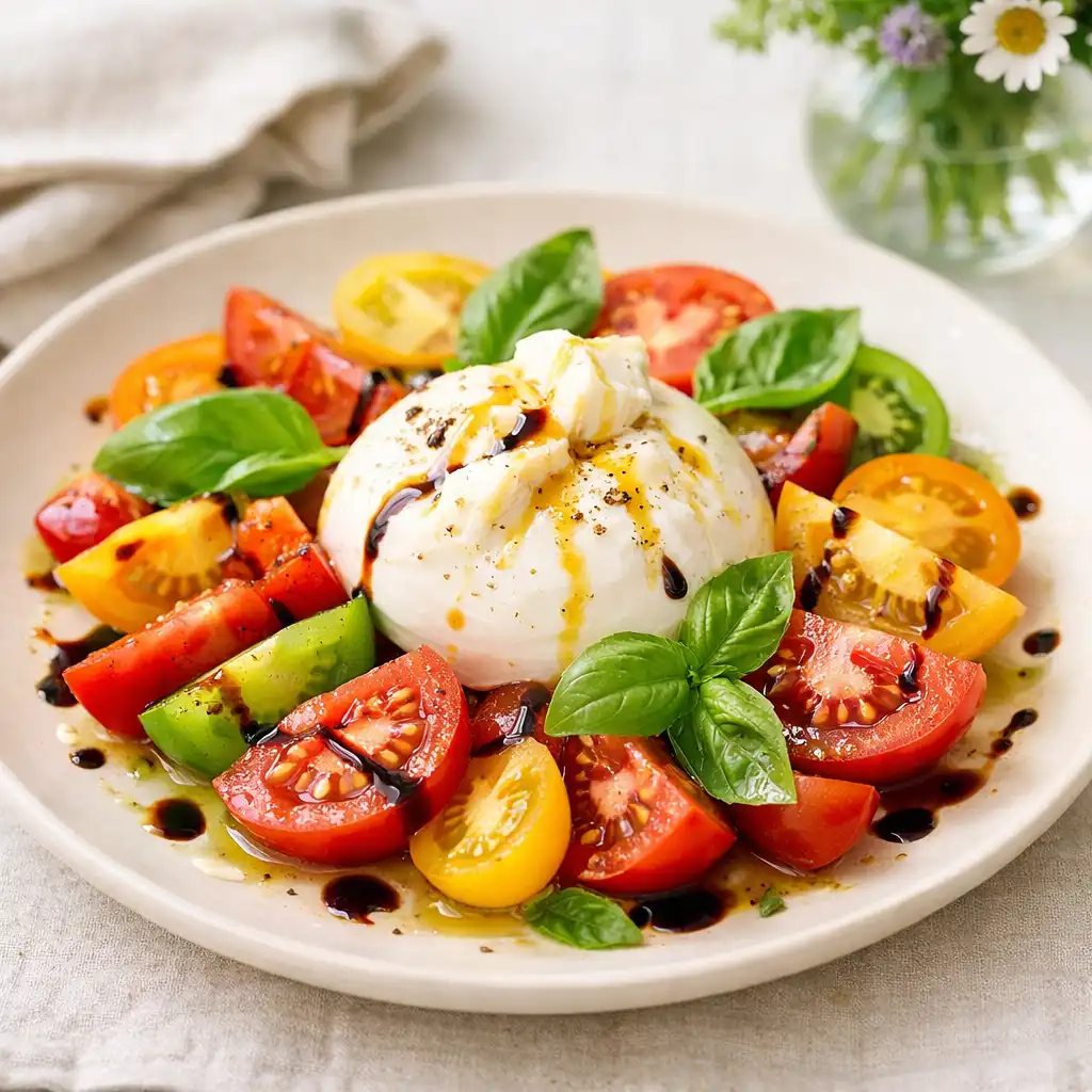 The Garden: heirloom tomatoes, creamy burrata, and fresh basil with olive oil on a light cream plate.