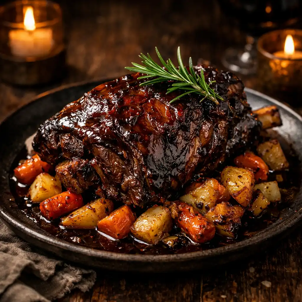 The High Country: slow-cooked lamb shoulder with dark glaze, root vegetables, and rosemary on dark ceramic.