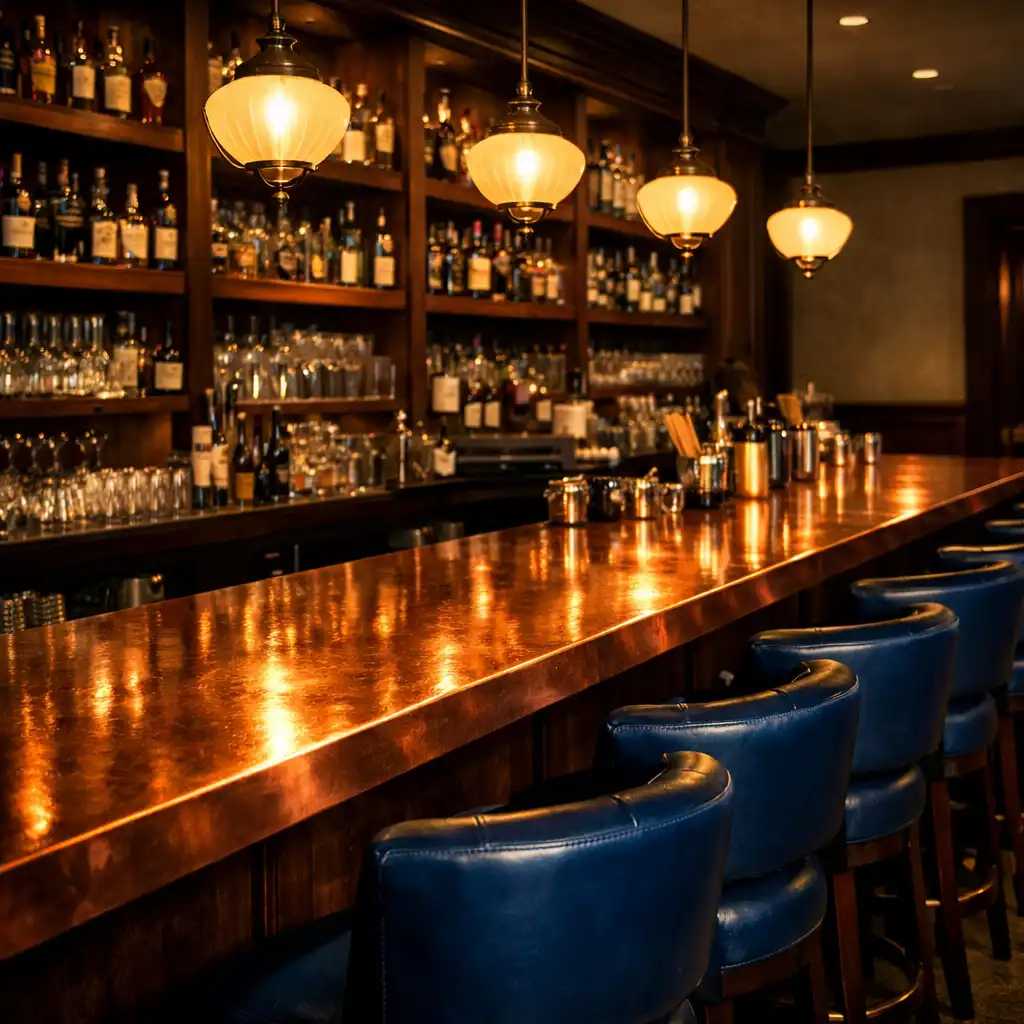 Copper-topped bar counter with timber shelves, bottles, glassware, and deep blue leather stools under warm pendant lights