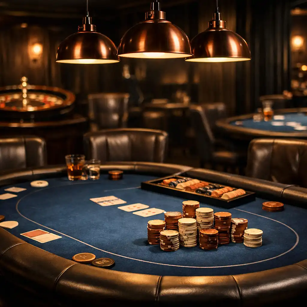 Offline casino lounge with a professional poker table, copper and cream chips, pendant lamps, and soft-focus roulette and blackjack tables in the background