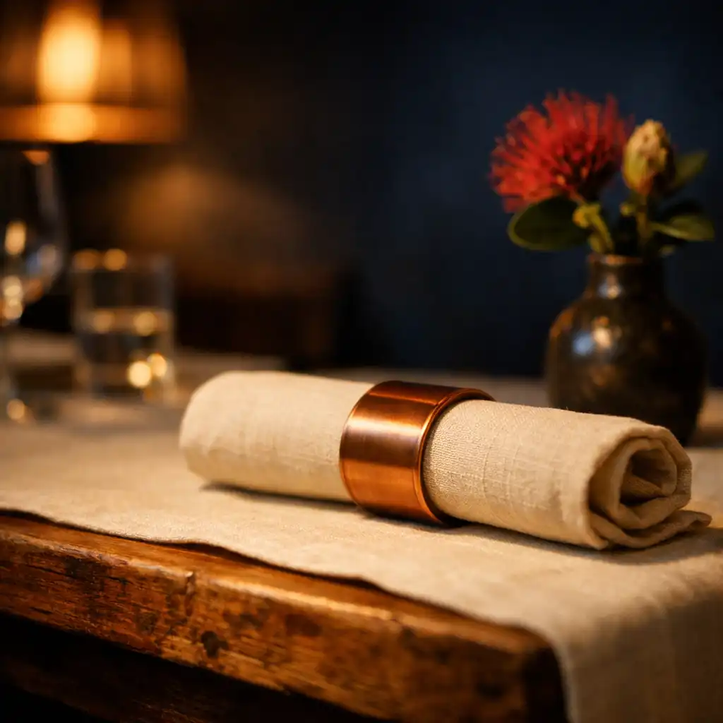 Close-up of a dining table with cream linen, timber edge, copper napkin ring, and a small native flower