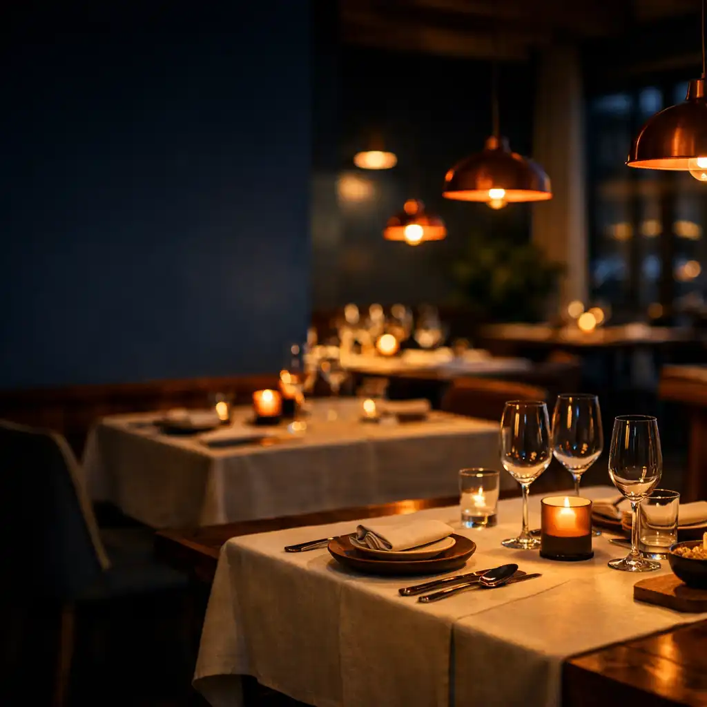 Evening view of the ADSIGHT LTD dining room with deep blue walls, cream linens, timber tables, and copper pendant lights