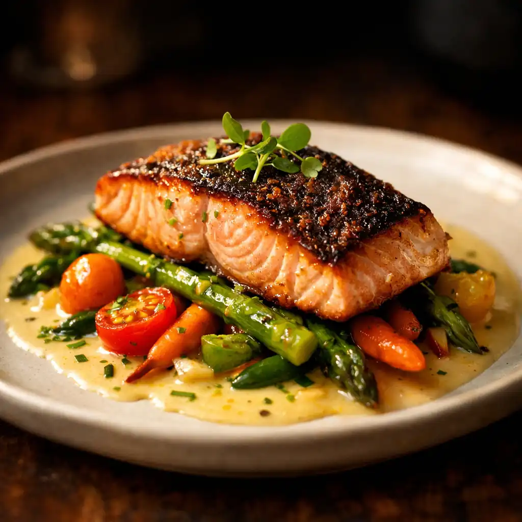Seared salmon with crispy skin on seasonal vegetables with citrus beurre blanc
