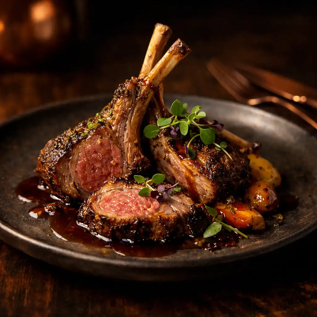 A beautifully plated New Zealand lamb dish with microgreens and rich jus on a dark ceramic plate