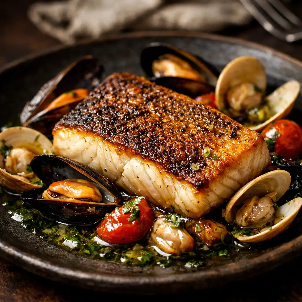 The Ocean Plate: seared fish fillet with golden skin, mussels, clams, and herb oil on dark stoneware.