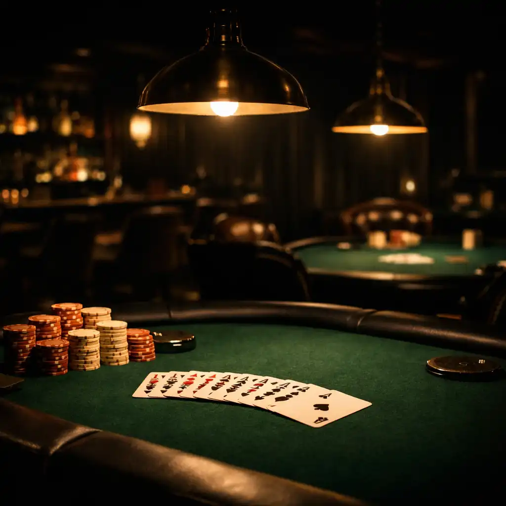 Exclusive casino lounge with professional poker tables, green felt surfaces, and stacks of clay chips under warm pendant lights