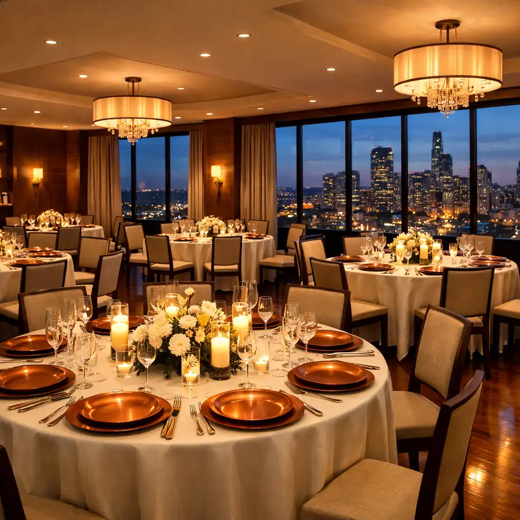 Private dining room configured for a large event with round tables, cream linens, and copper charger plates