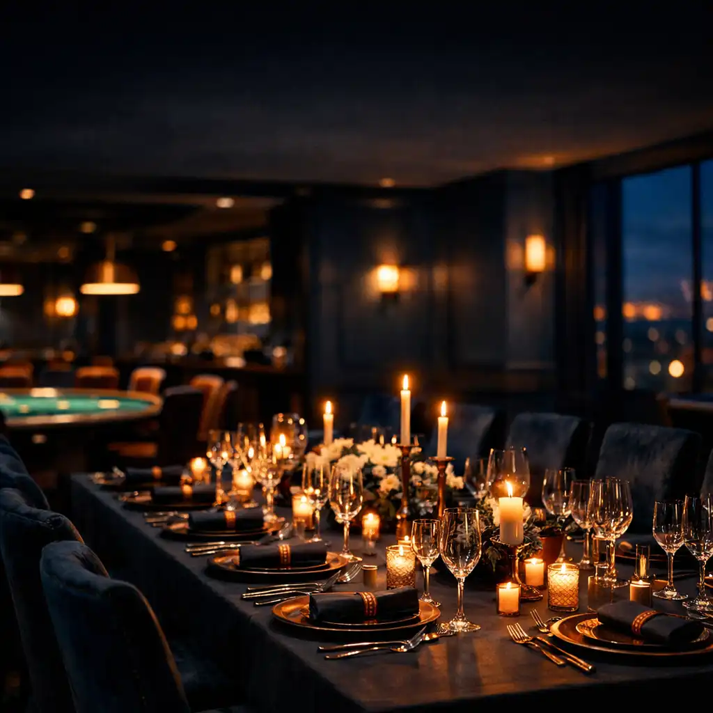 Elegant private dining table set for a celebration with warm candlelight and a subtle casino lounge ambiance in the background