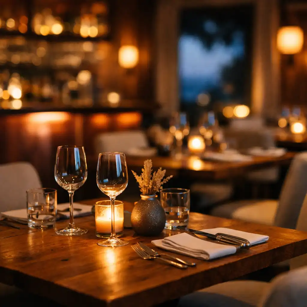 Refined restaurant interior with native timber tables, cream upholstered chairs, and a copper-accented bar in warm evening light