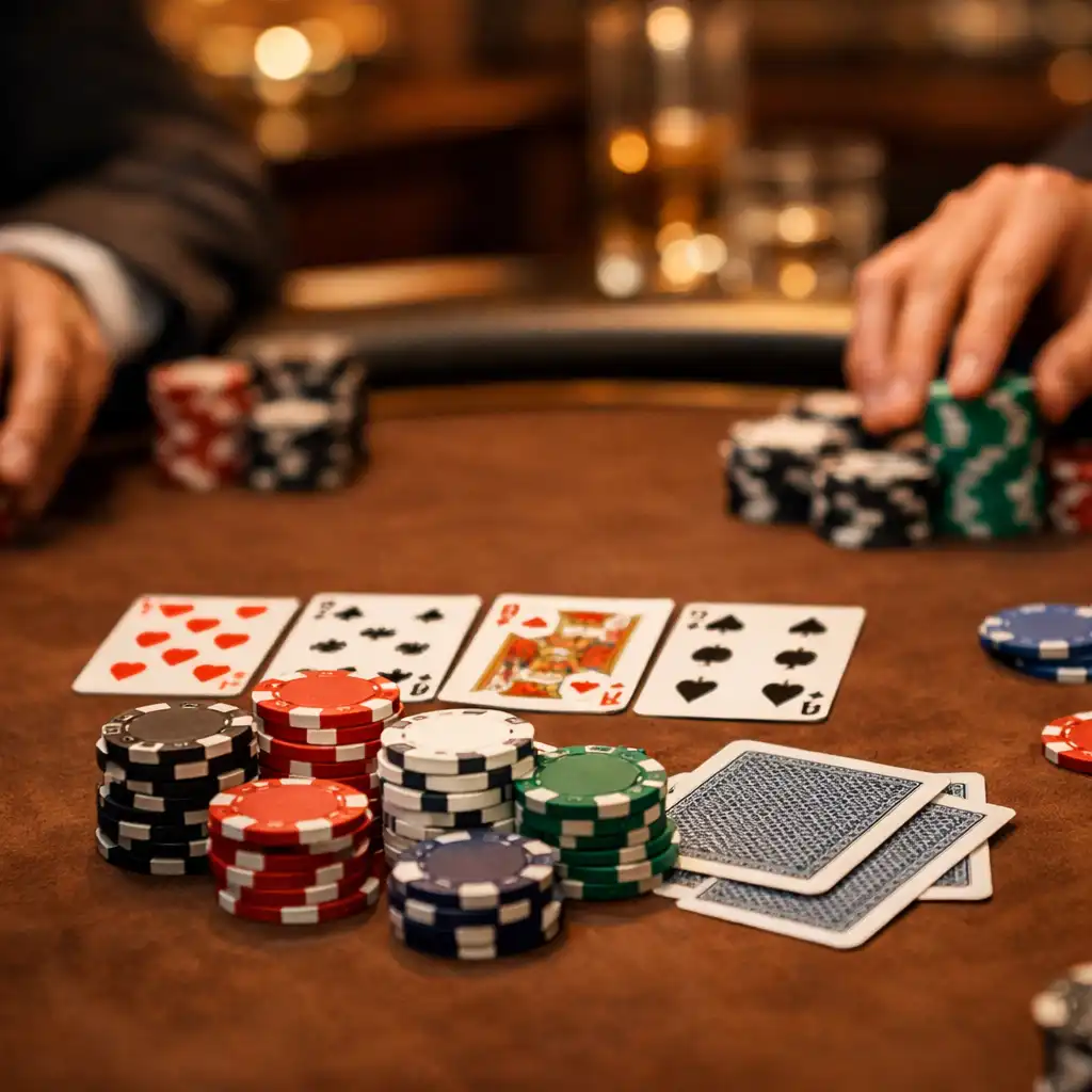 Close-up of a professional poker table during a private event with hands placing chips and cards in the center