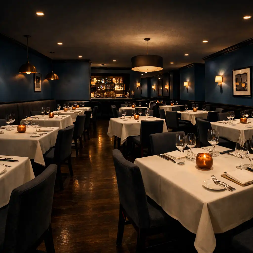 Wide-angle view of the main dining room with generous table spacing and ocean blue walls
