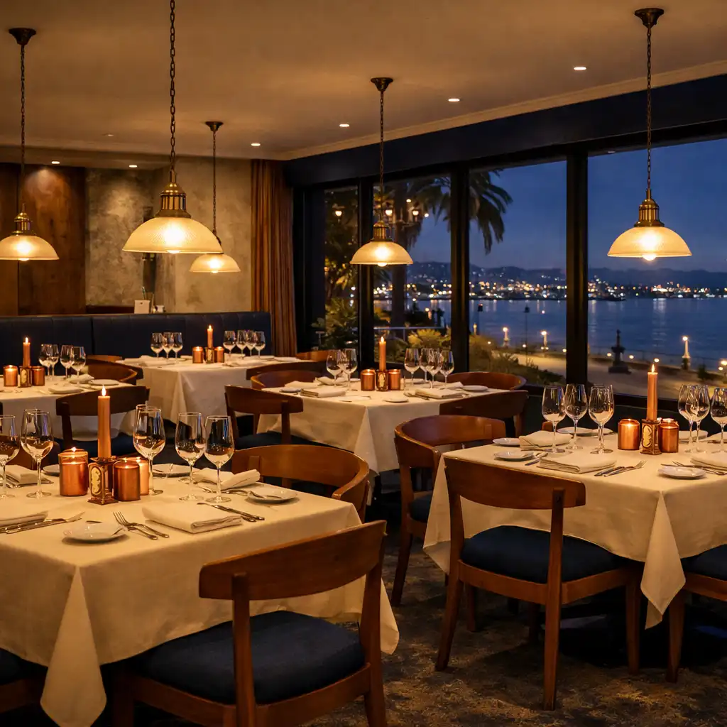 Wide view of the main dining room with cream tablecloths, timber chairs, and pendant lights