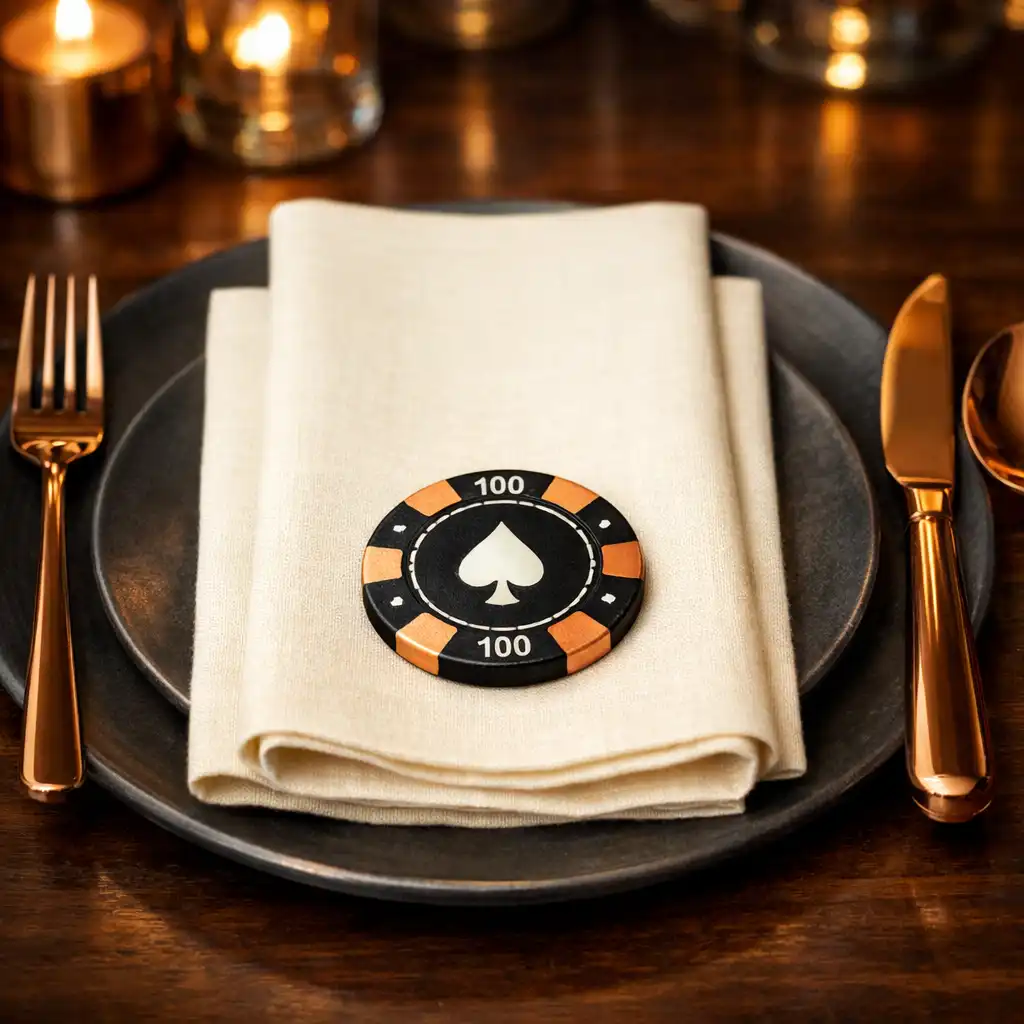 Close-up of a place setting with cream napkin, copper cutlery, and a poker chip as a decorative detail