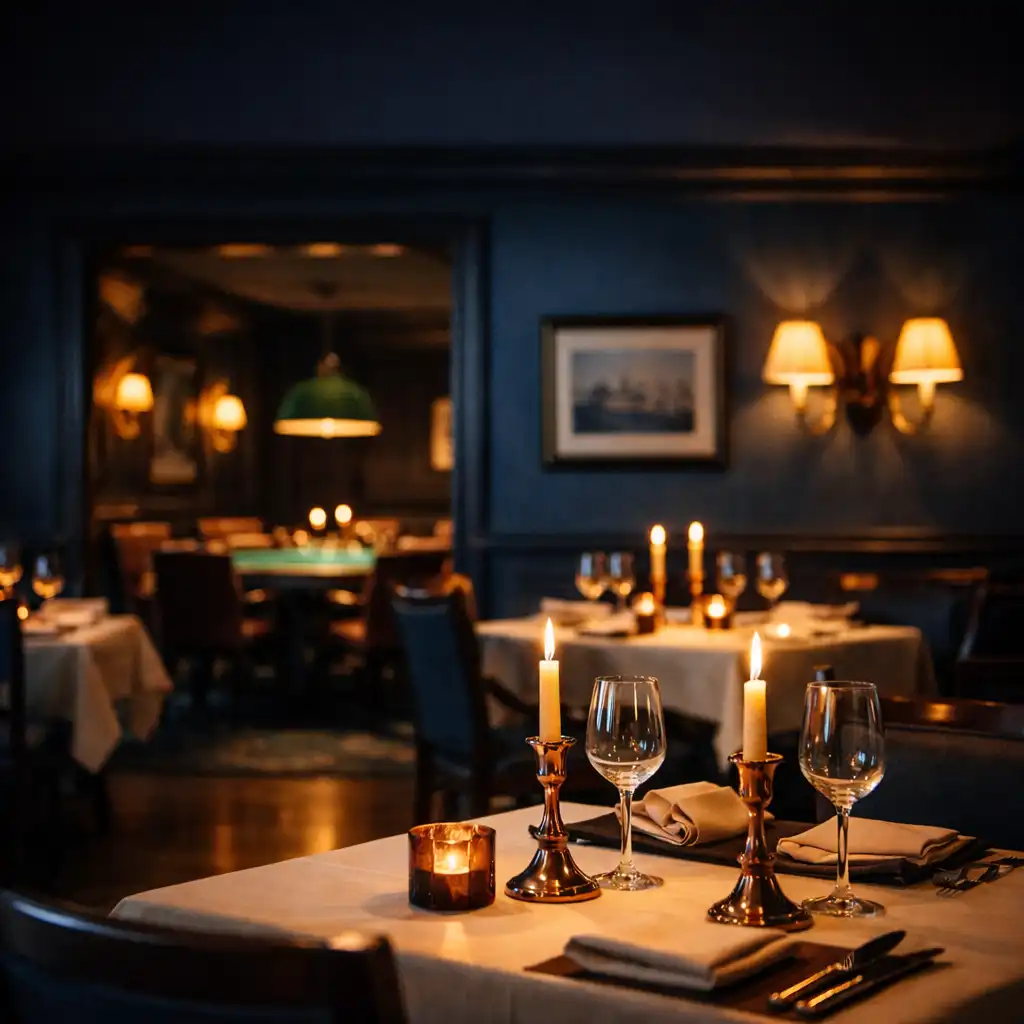 The ADSIGHT LTD dining room at dusk, with warm lighting, cream tablecloths, and a glimpse of the card room in the background