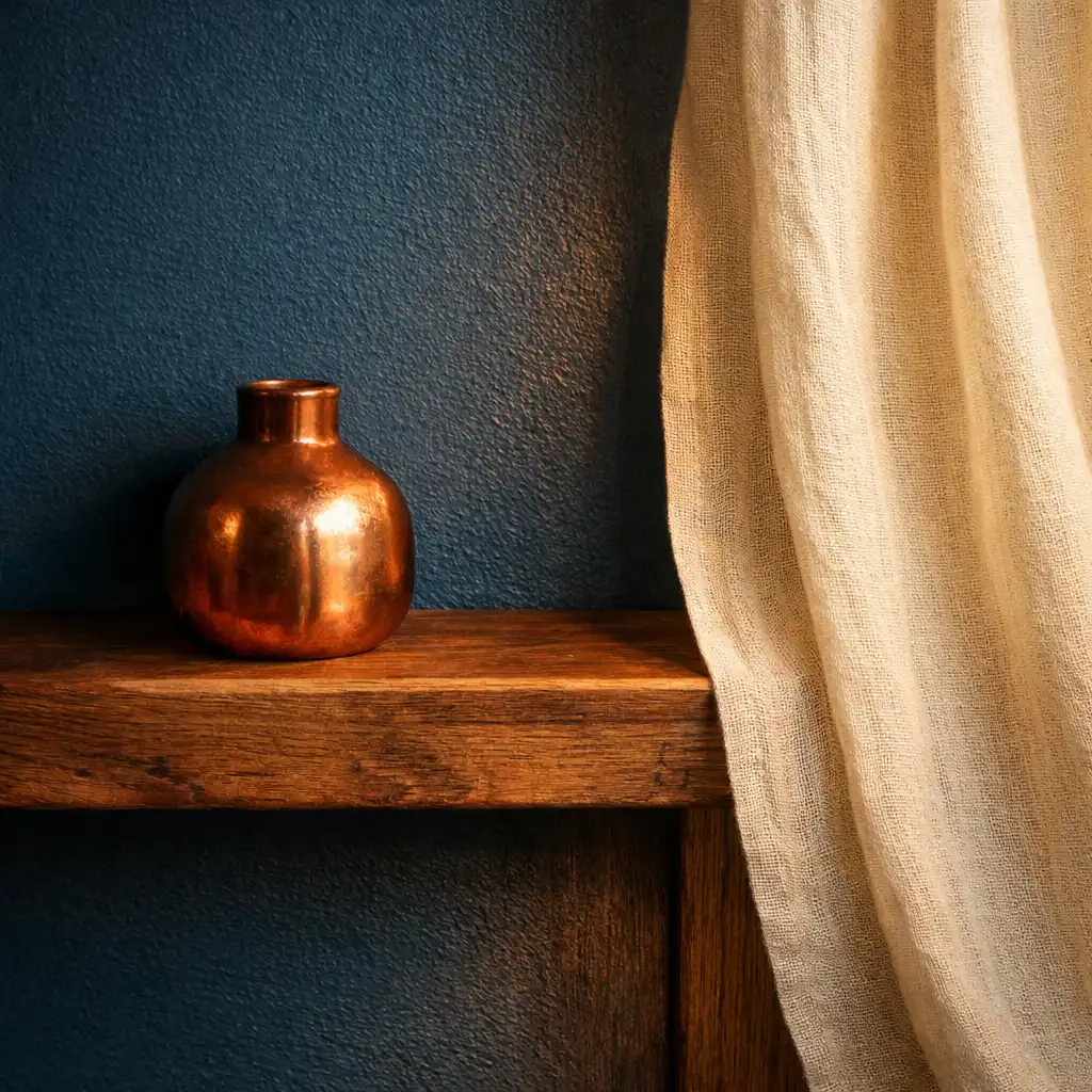 Close-up of interior materials: deep ocean blue wall, native timber shelf, and a small copper vase