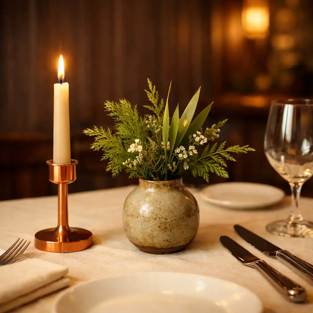 Close-up of a private dining table setting with a lit copper candle holder and native greenery