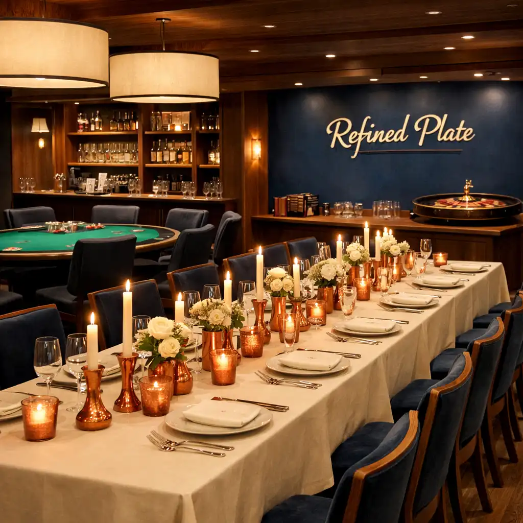 Wide view of a private event setup with long tables and the casino lounge visible in the background