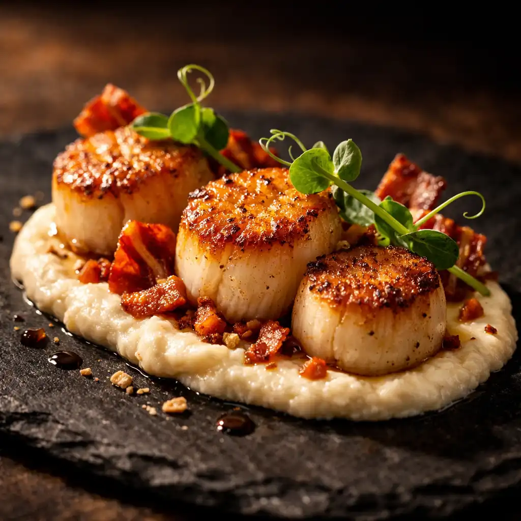 Pan-seared scallops with cauliflower purée, crispy pancetta, and pea shoots on a dark slate plate