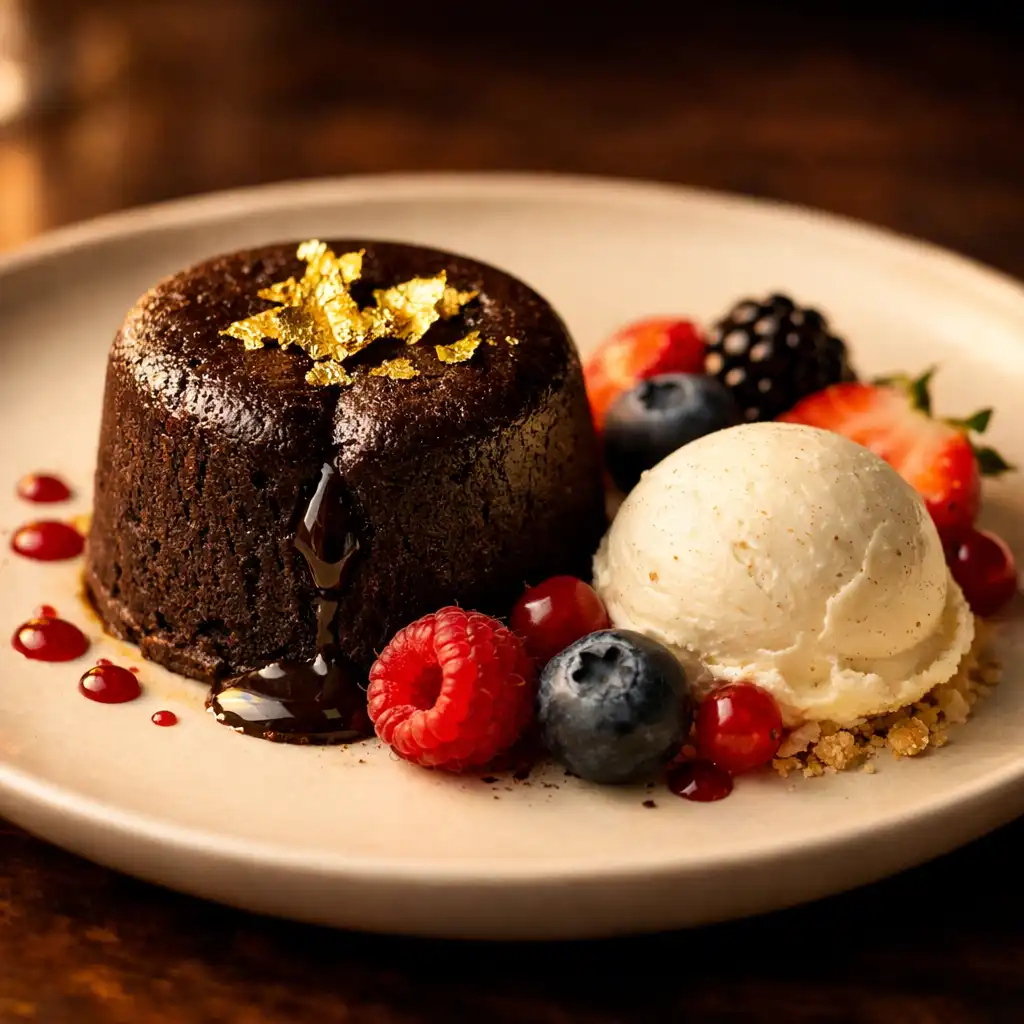 Dark chocolate fondant with gold leaf, vanilla bean ice cream, and fresh berries on a cream plate