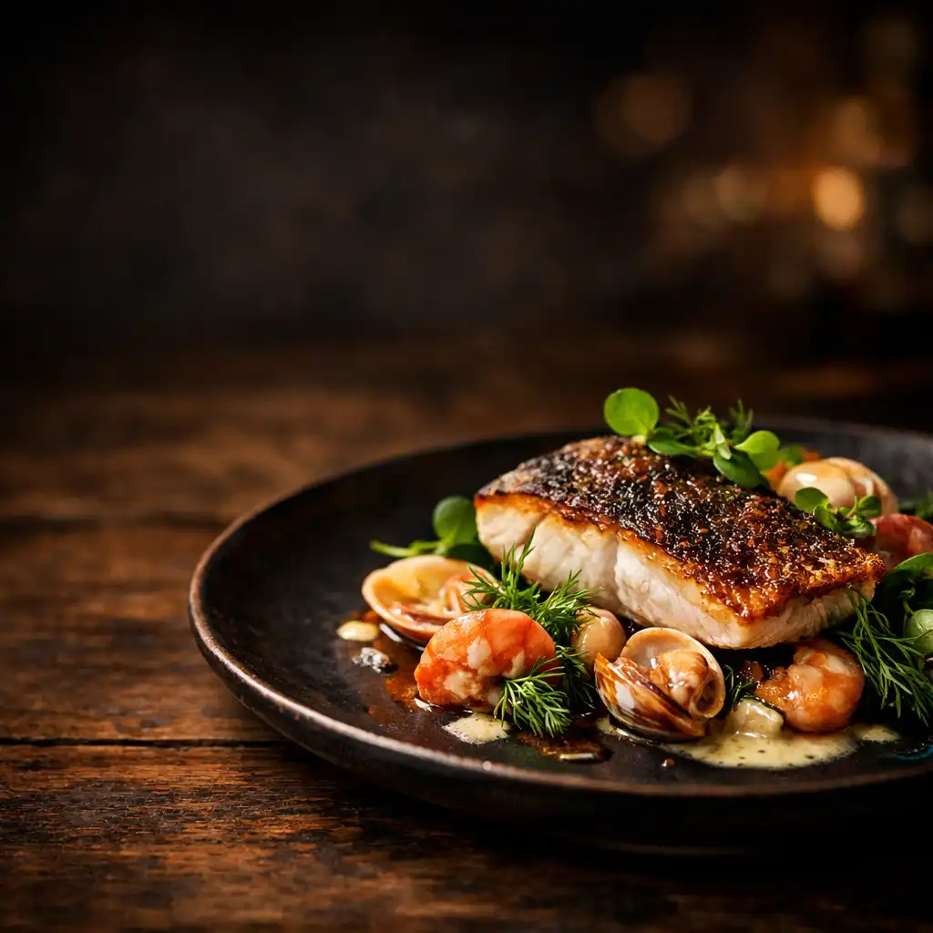Cinematic close-up of a plated signature seafood dish with seared fish, shellfish, and herbs on a dark ceramic plate.
